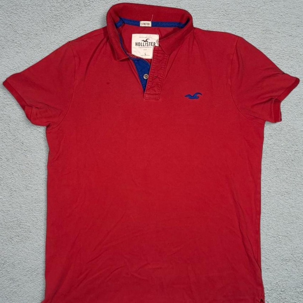 Hollister Mens Red Polo Shirt Blue Logo Preppy Stretch Pique Size L